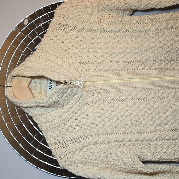 Aran Merino Wool Chunky Fisherman Knit Double Collar Cardigan Coat Sweater NWOT - Picture 4 of 14